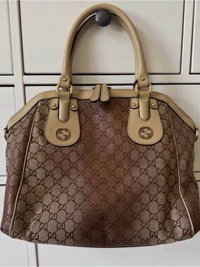 Gucci Beige Trim Brown GG Monogram Satchel